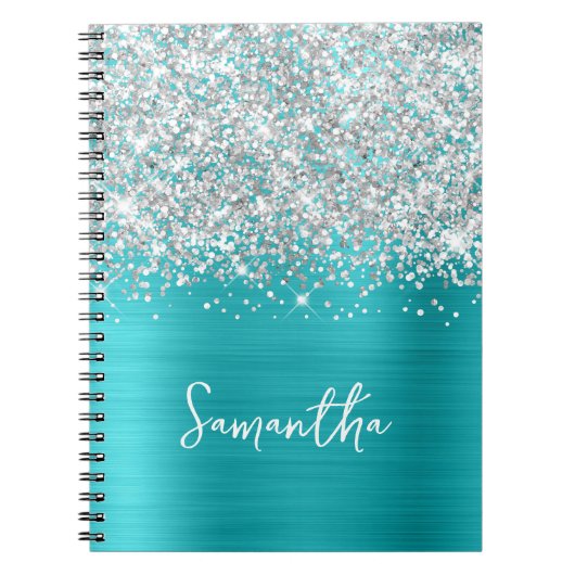 Carnet Pailleté Argent Turquoise Bleu Glam Script Nom (Devant)