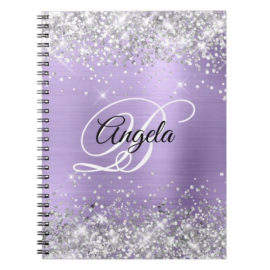 Carnet Pailleté Argent Violet Clair Métallisé Monogramme (Devant)