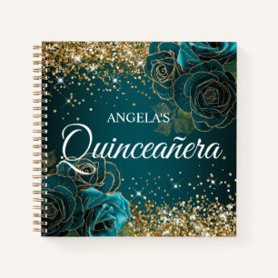 Carnet Pailleté Or Roses Sarcelle Vintage Quinceanera Inv