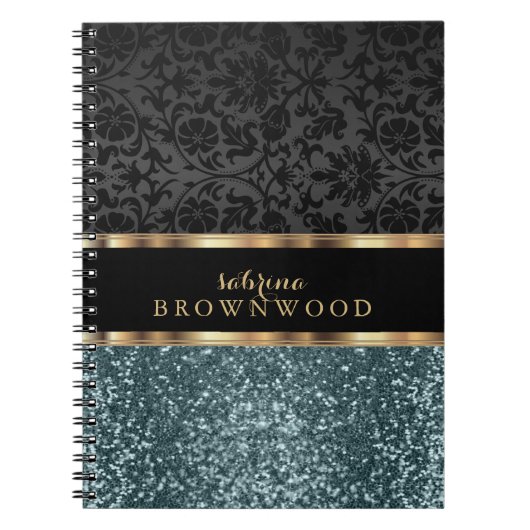Carnet Paillettes sarcelle et damas noir (Devant)