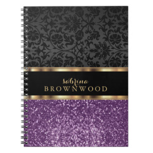 Carnet Paillettes violettes et damas noir