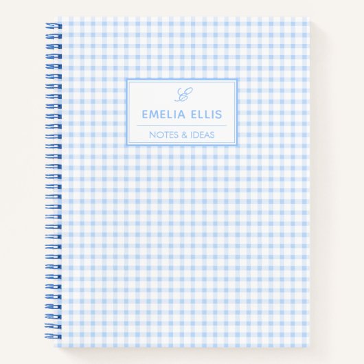 Carnet Pale Blue Gingham Grandmillennial Monogram Name (Devant)