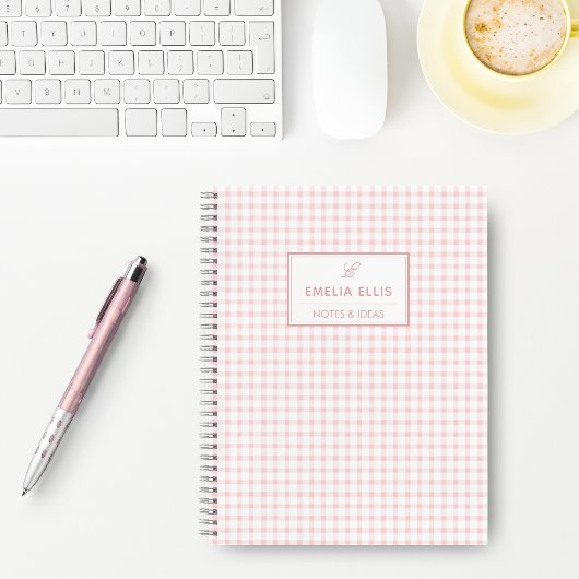 Carnet Pale Pink Gingham Grandmillennial Monogramme Nom N