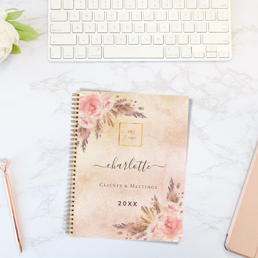 Carnet Pampas herbe rose or fleurs logo entreprise QR