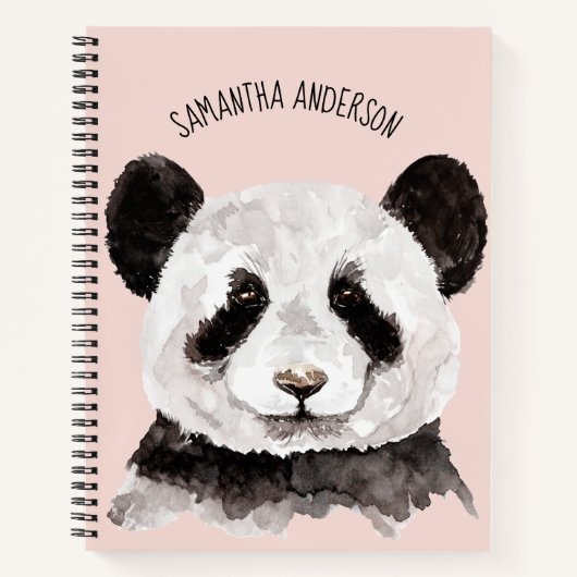 Carnet Panda aquarelle moderne avec nom et rose pastel (Devant)