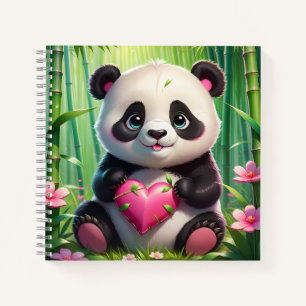 Carnet Panda Kawaii tenant un cœur dans une forêt de bamb