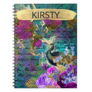 Carnet Paon et fleurs illustrés antiques grunge