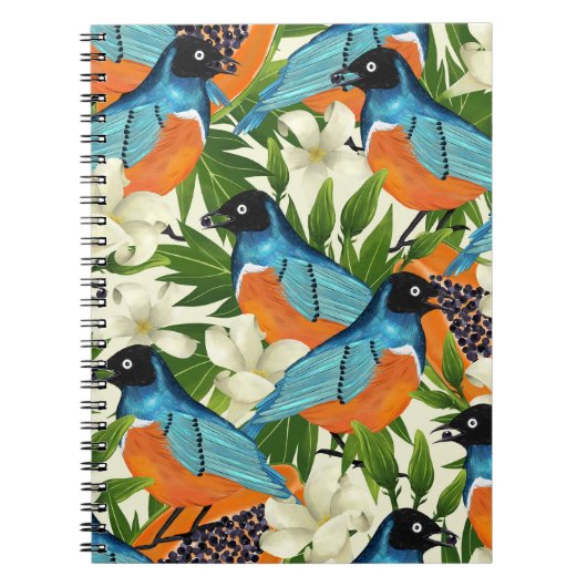 Carnet papaye tropicale et motif d'oiseaux. (Devant)