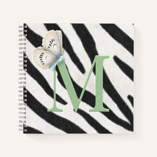 Carnet Papillon bleu et fourrure zébrée Monogramme vert p (Devant)