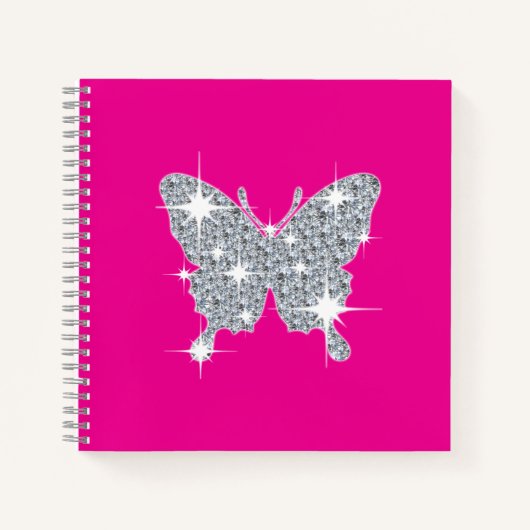 Carnet Papillon brillant en faux diamant sur rose chaud (Devant)