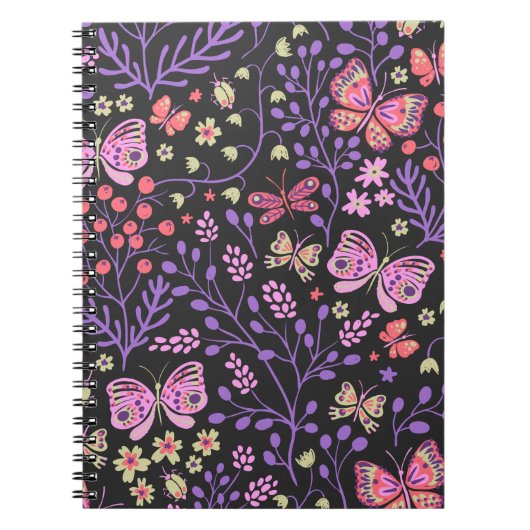 Carnet Papillon coloré et Fleurs Rose mignon (Devant)
