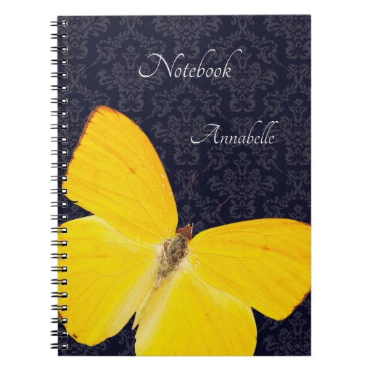 Carnet Papillon jaune élégant Damassé noir Ajouter un nom (Devant)
