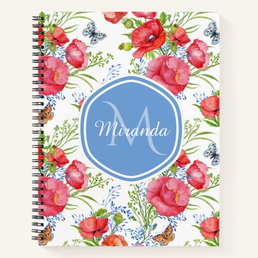Carnet Papillon Monogramme Nom Coquelicot Rouge (Devant)