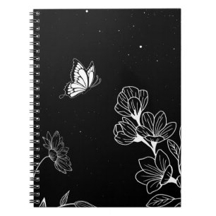 Carnet Papillon noir et blanc et fleurs à l'art nocturne