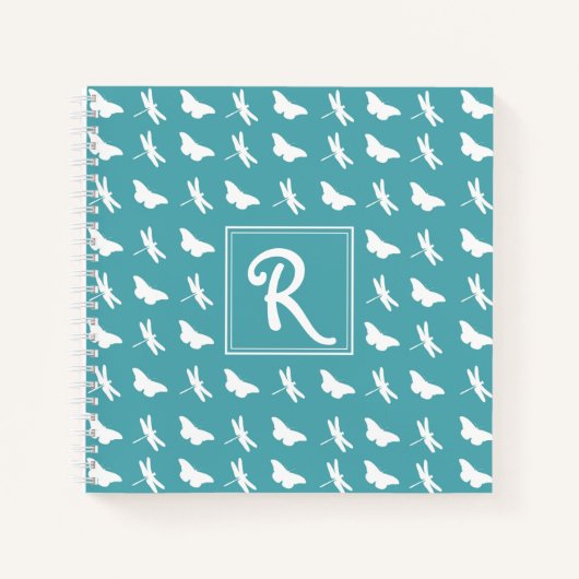 Carnet Papillon sarcelle et motif monogramme libellule (Devant)