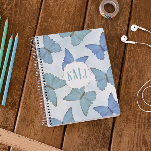 Carnet Papillons bleu aquarelle Monogramme