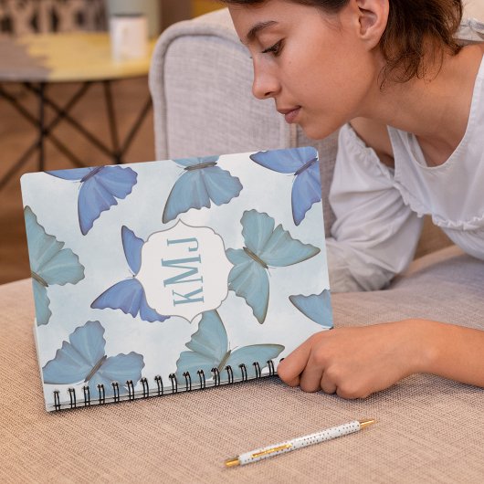 Carnet Papillons bleu aquarelle Monogramme