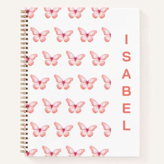 Carnet Papillons pêche nom or rose (Devant)