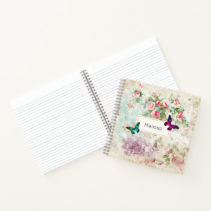 Carnet Papillons roses et verts sur des roses vintage dém