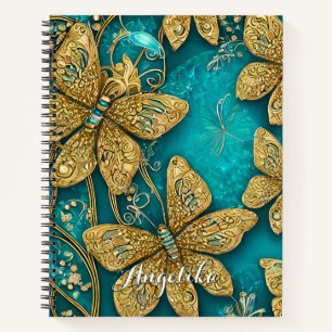 Carnet Papillons sarcelle et or Nom personnalisé