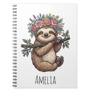 Carnet Paresseux floral mignon personnalisé avec couronne