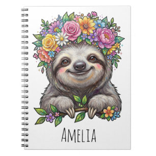 Carnet Paresseux floral mignon personnalisé avec couronne