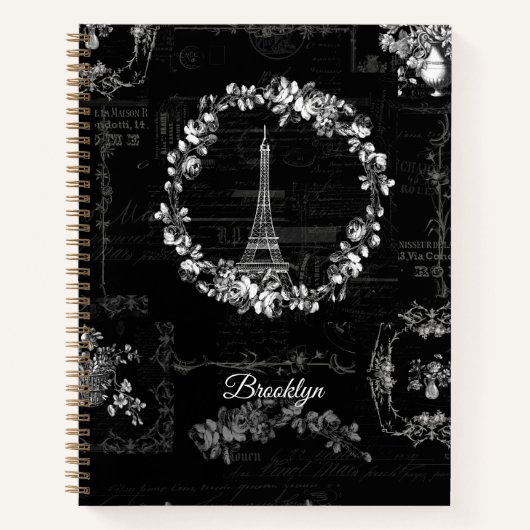 Carnet Paris Tour Eiffel Fleurs Vintages Ephemera Noir (Devant)