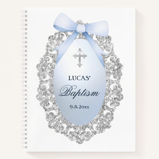 Carnet Parties scintillant Argent Cadre Bleu Bow Baptême  (Devant)
