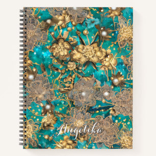 Carnet Parties scintillant d'or turquoise Faux Fleurs Abs