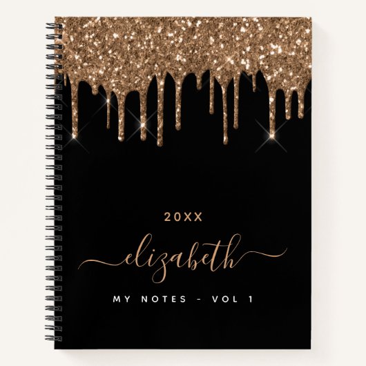 Carnet Parties scintillant en or noir goutte nom monogram (Devant)