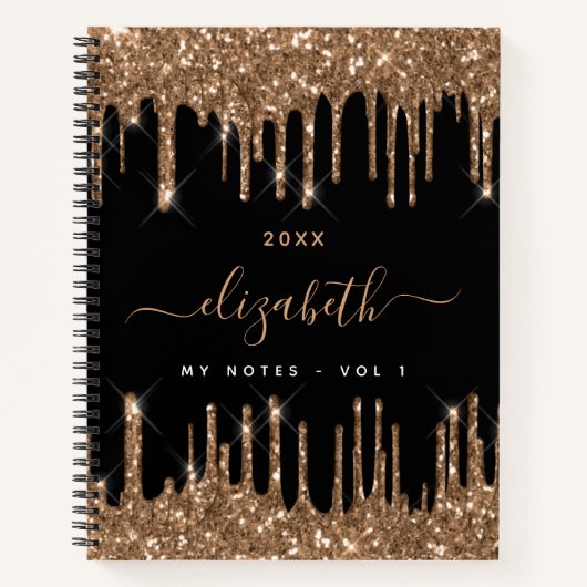Carnet Parties scintillant en or noir goutte nom monogram (Devant)