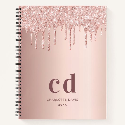 Carnet parties scintillant en or rose gouttes initiales m (Devant)