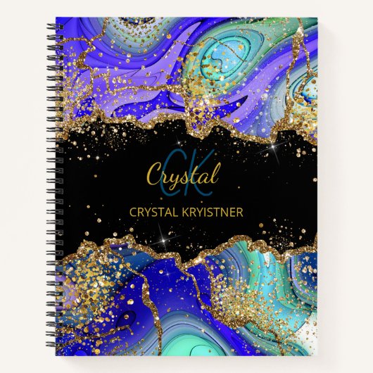 Carnet Parties scintillant moderne Monogramme bleu vert A (Devant)