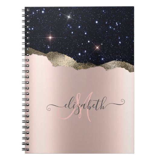 Carnet Parties scintillant noire moderne Rose or Monogram (Devant)