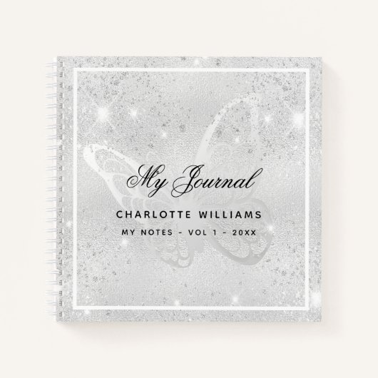 Carnet Parties scintillant papillon argenté scintille nom (Devant)