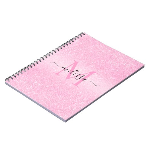 Carnet Parties scintillant rose Nom du script Monogramme (Côté gauche)