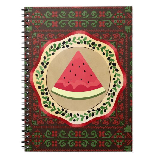 Carnet pastèque sur plaque d'olive avec tatreez palestini (Devant)