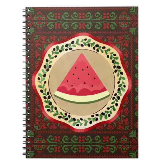 Carnet pastèque sur plaque d'olive avec tatreez palestini (Devant)