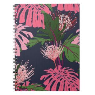 Carnet Paume tropicale exotique vert et rose feuilles et