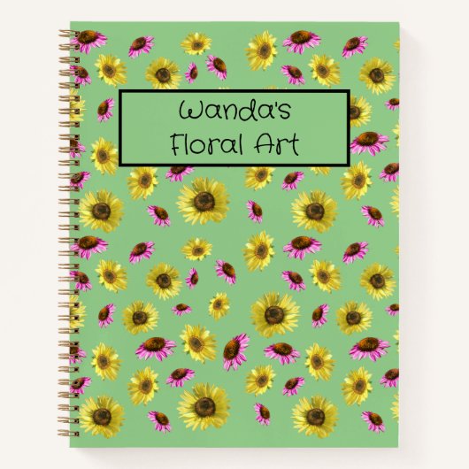 Carnet Pavé vert floral jaune et rose pour artiste (Devant)