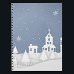 Carnet Paysage de l'église de Noël<br><div class="desc">Design présente un paysage festif d'une ville enneigée avec des maisons et une église.</div>