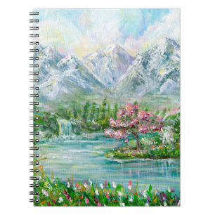 Carnet Paysage de montagne de printemps. Main acrylique o