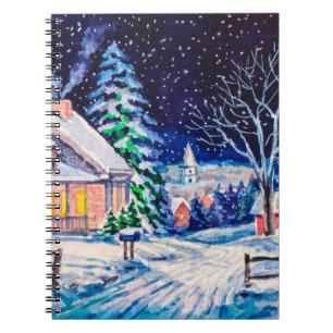 Carnet Paysage hivernal enneigé. Maison de campagne. Noël