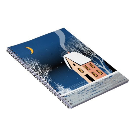 Carnet Paysage nocturne d'hiver. Maison cosy, divers arbr (Côté Droit)