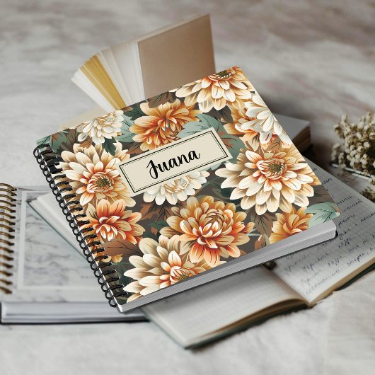 Carnet Peach Beige Chrysanthemum Floral Spiral Notebook