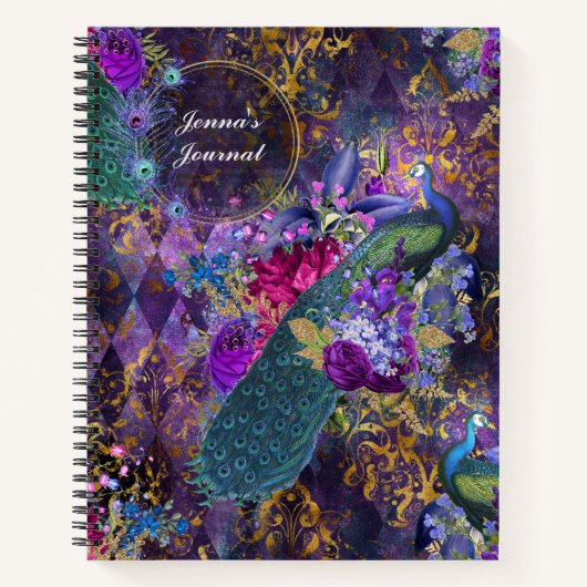Carnet Peacock et fleurs personnalisées sur violet (Devant)