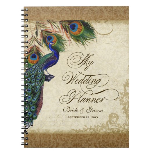 Carnet Peacock & Feathers Vintage Gold Look Damask Swirl (Devant)