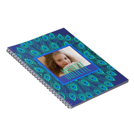 Carnet Peacock Turquoise & Blue Feathers Custom Text & Ph (Côté Droit)