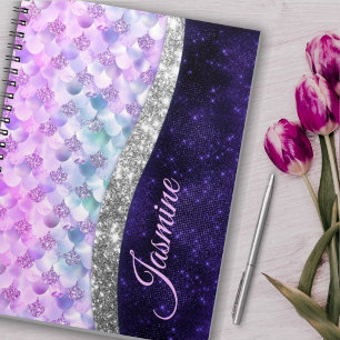Carnet Peau de sirène argent violet faux paillettes monog