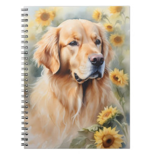 Carnet Peinture aquarelle Golden Retriever et tournesol